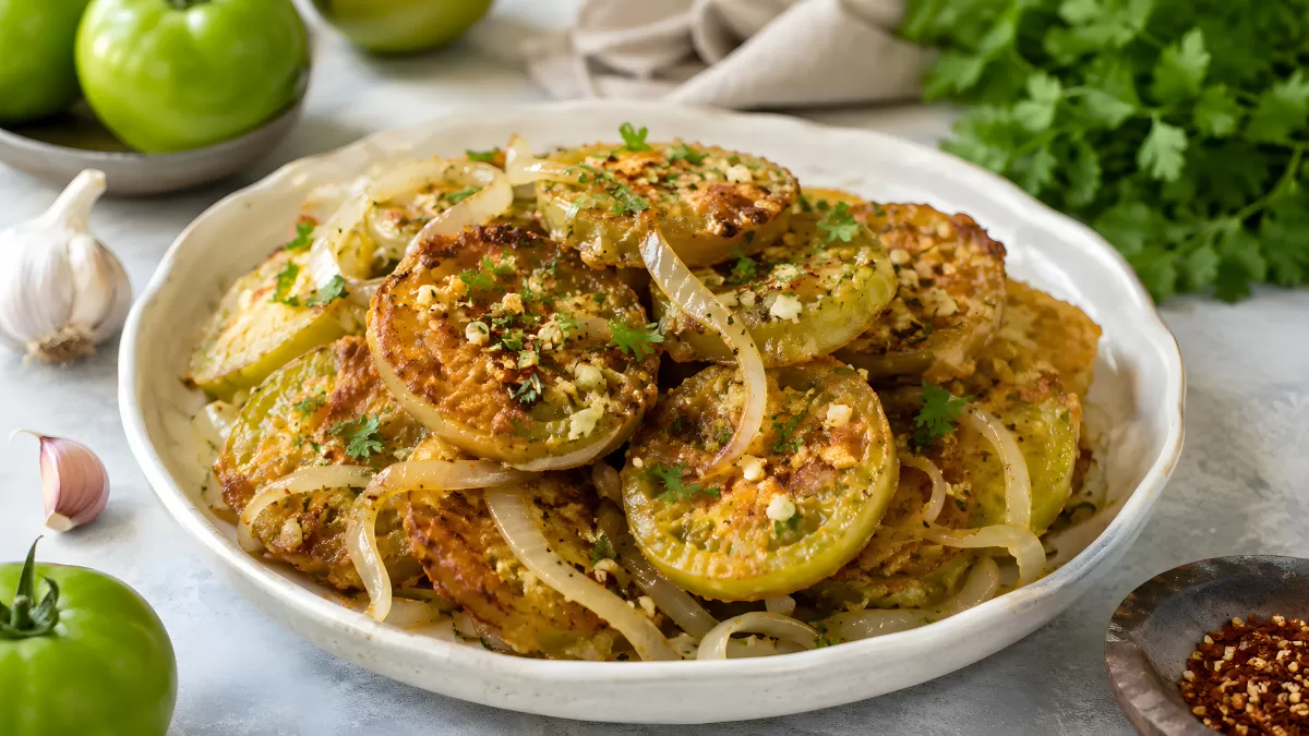 Gebratene grüne Tomaten mit Zwiebeln und Kräutern