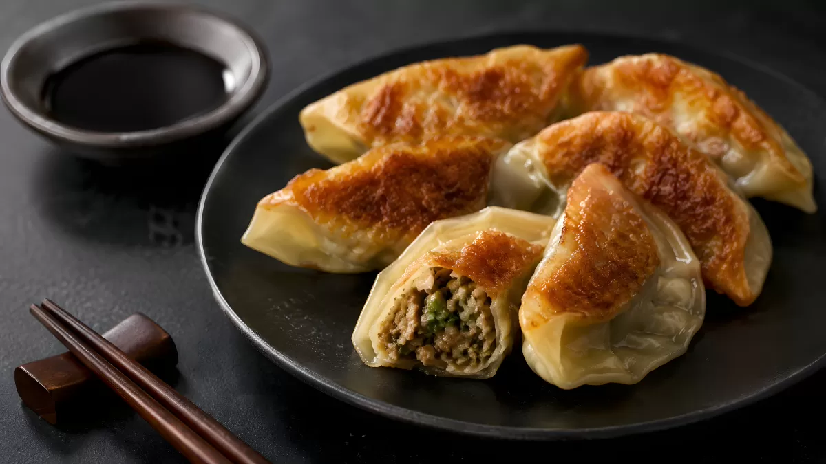 Gebratene Gyoza auf schwarzem Teller mit Sojasoße