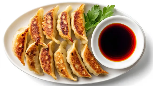Gebratene Gyoza-Teigtaschen mit Sojasoße und Kräutern