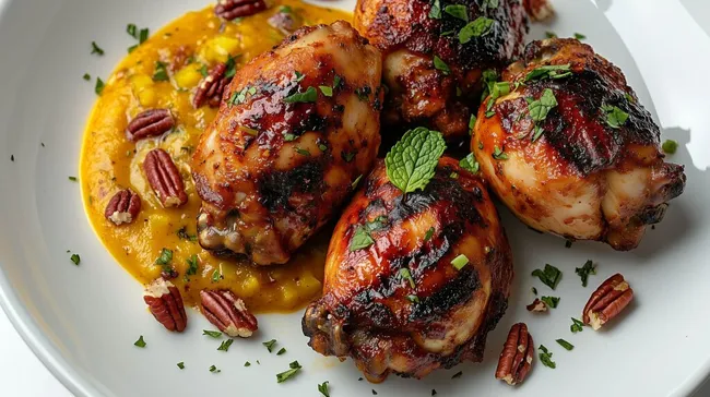 Gebratene Hähnchenschenkel auf Mangopüree