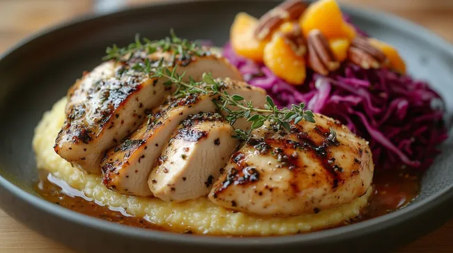 Gebratene Hühnerbrust mit Polenta und Rotkohl