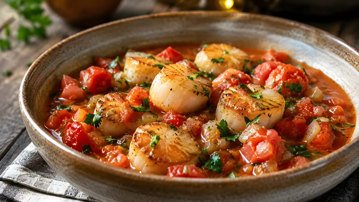 Gebratene Jakobsmuscheln in Tomatensauce mit Kräutern