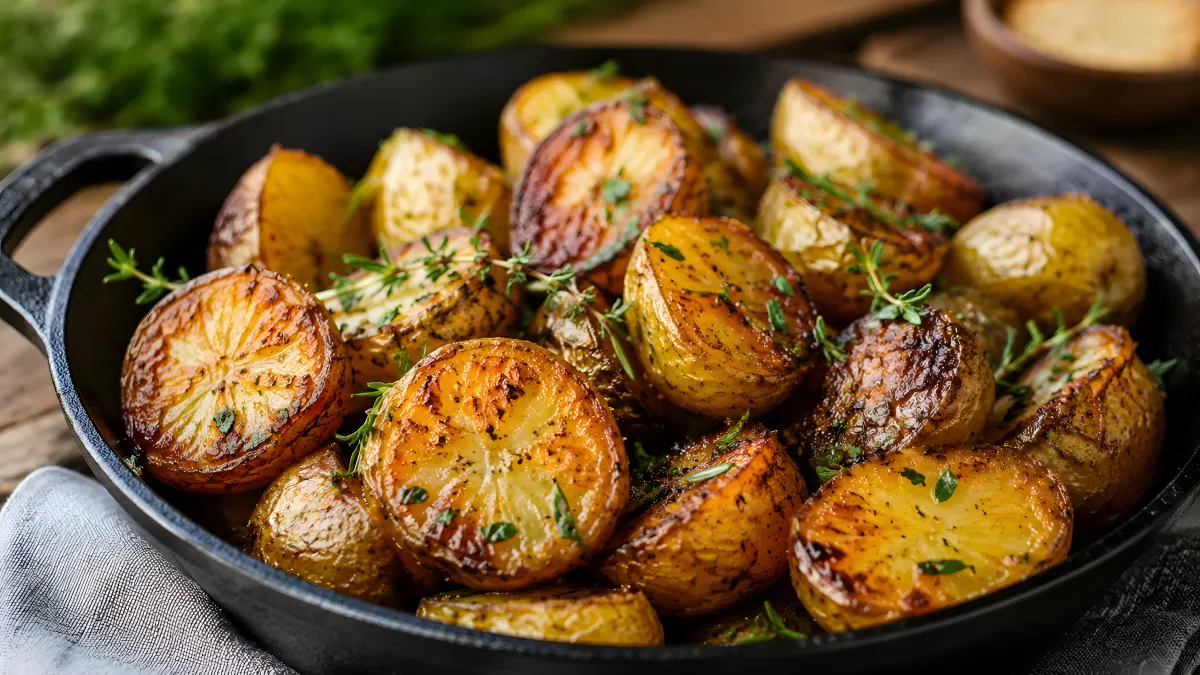 Gebratene Kartoffeln mit Kräutern in Gusseisenpfanne