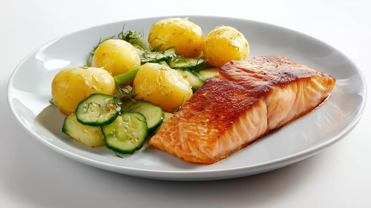 Gebratene Lachsfilets mit Kartoffeln und Gurkensalat