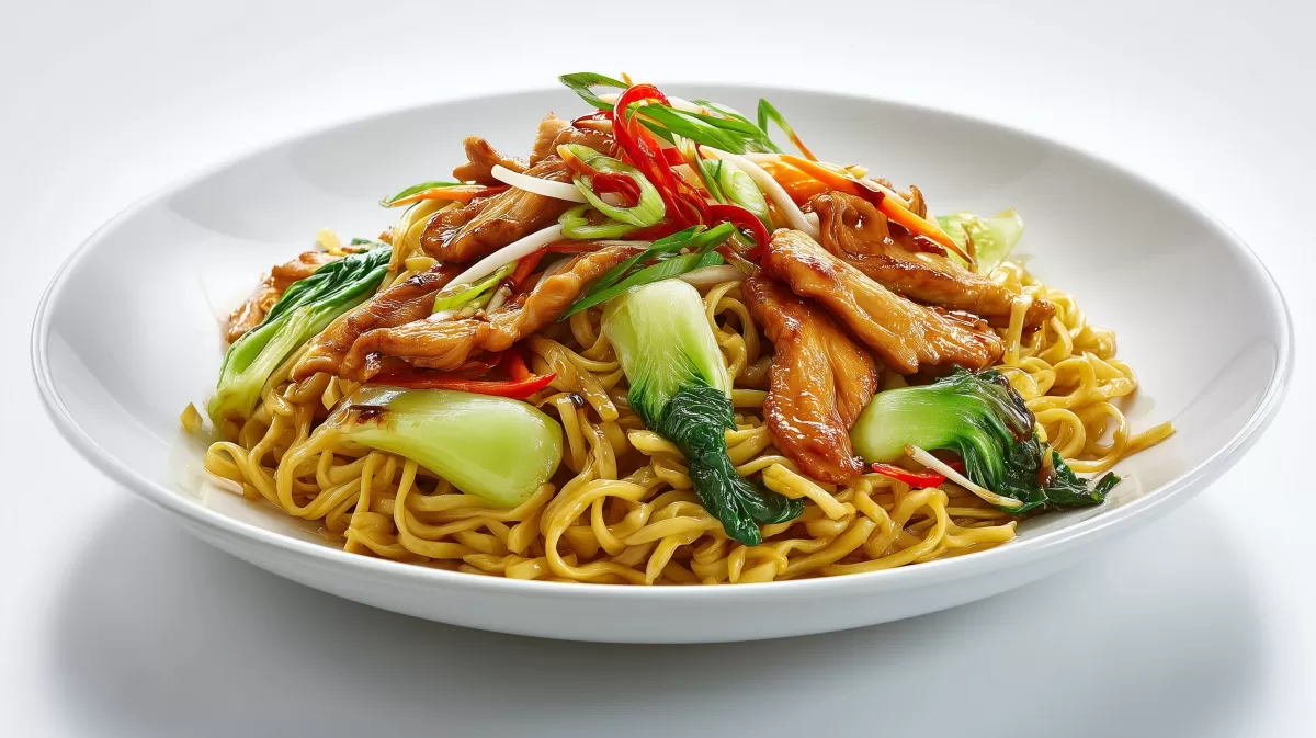 Gebratene Nudeln mit Hühnchen auf weißem Teller