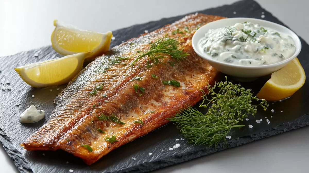 Gebratene Regenbogenforelle mit Meerrettichdip