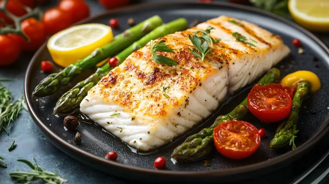 Gebratener Fisch mit frischem Gemüse auf dunkler Platte