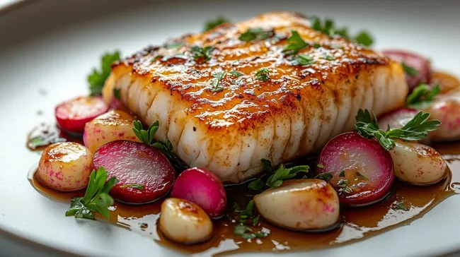 Gebratener Fisch mit gerösteten Radieschen und Kräutern