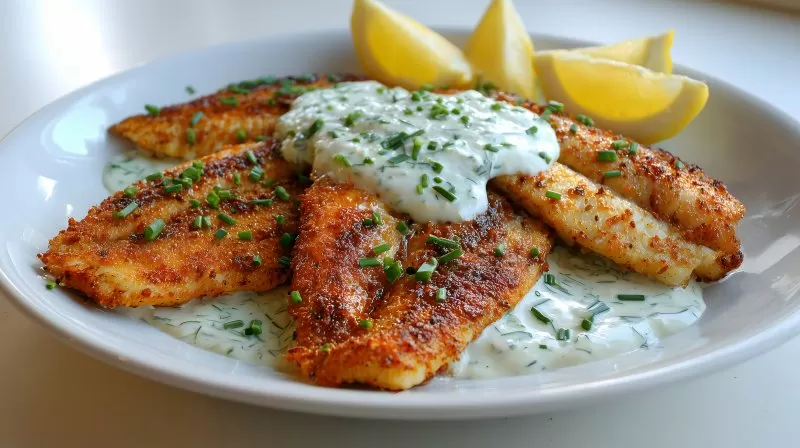 Gebratener Fisch mit Kräutersoße und Zitronenspalten