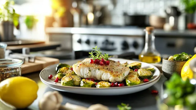 Gebratener Fisch mit Rosenkohl und Granatapfel