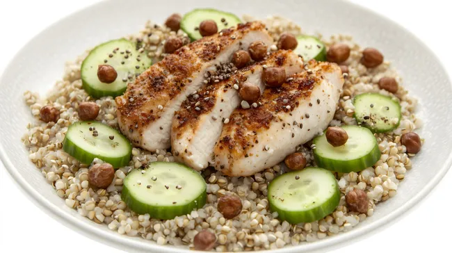 Gebratener Fischfilet mit Gurken und Buchweizen