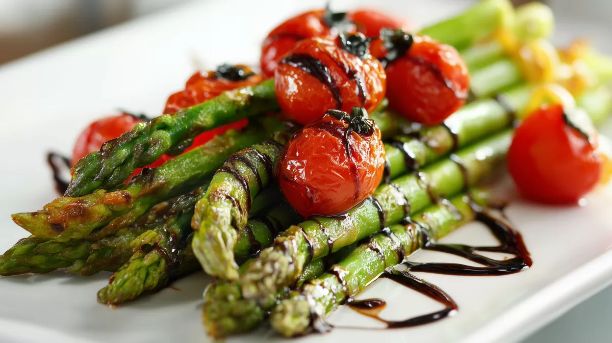 Gebratener grüner Spargel mit Cocktailtomaten und Balsamico