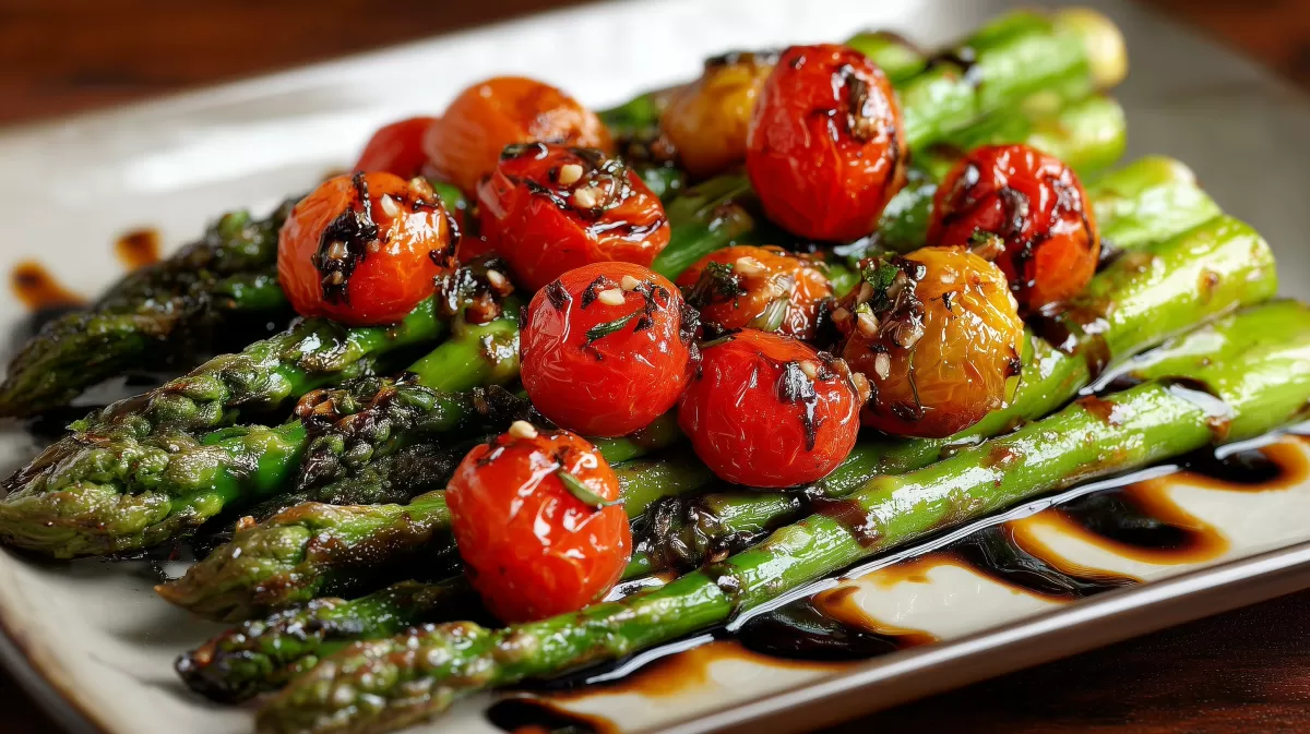 Gebratener grüner Spargel mit Tomaten und Balsamico
