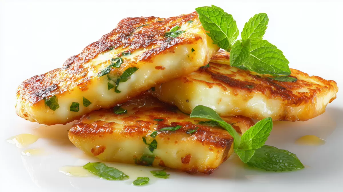 Gebratener Halloumi mit Minze auf weißem Teller