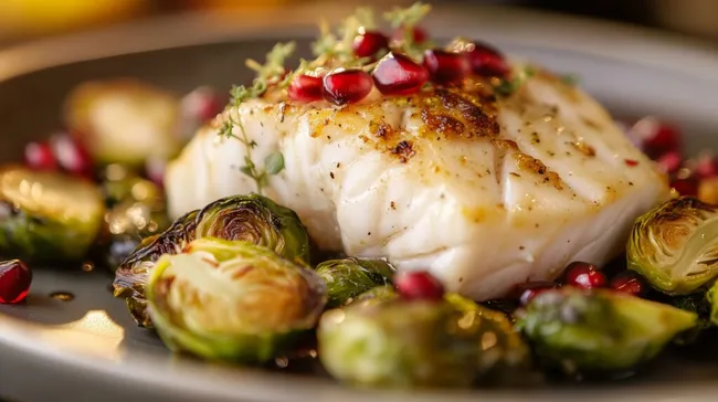 Gebratener Kabeljau mit gerösteten Rosenkohl und Granatapfelkernen