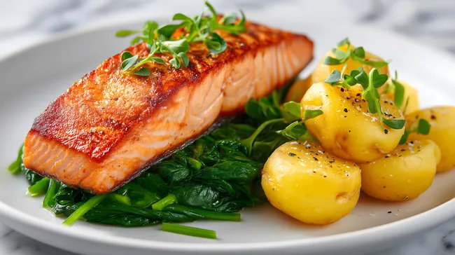 Gebratener Lachs mit Kartoffeln und Spinat auf weißem Teller