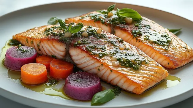 Gebratener Lachs mit Pesto und Wurzelgemüse