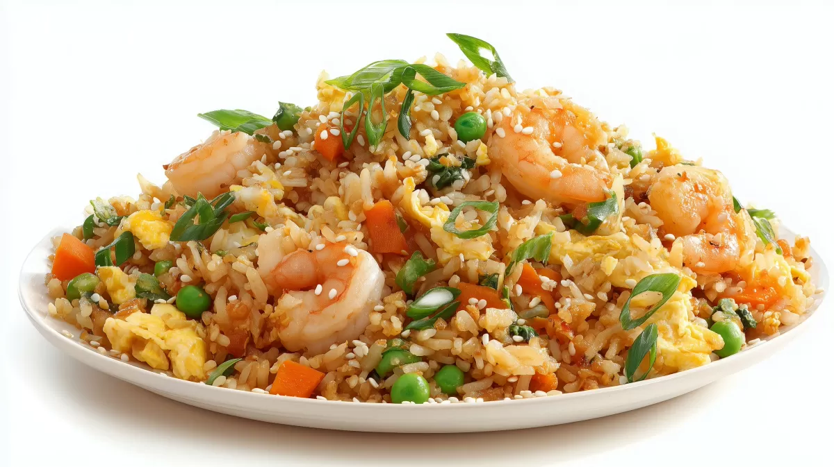Gebratener Reis mit Garnelen auf weißem Teller