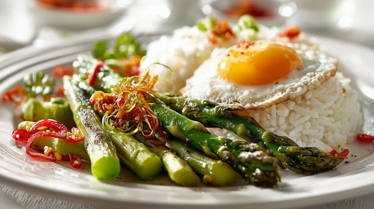 Gebratener Reis mit grünem Spargel und Spiegelei