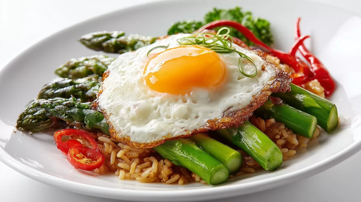 Gebratener Reis mit Spargel und Spiegelei