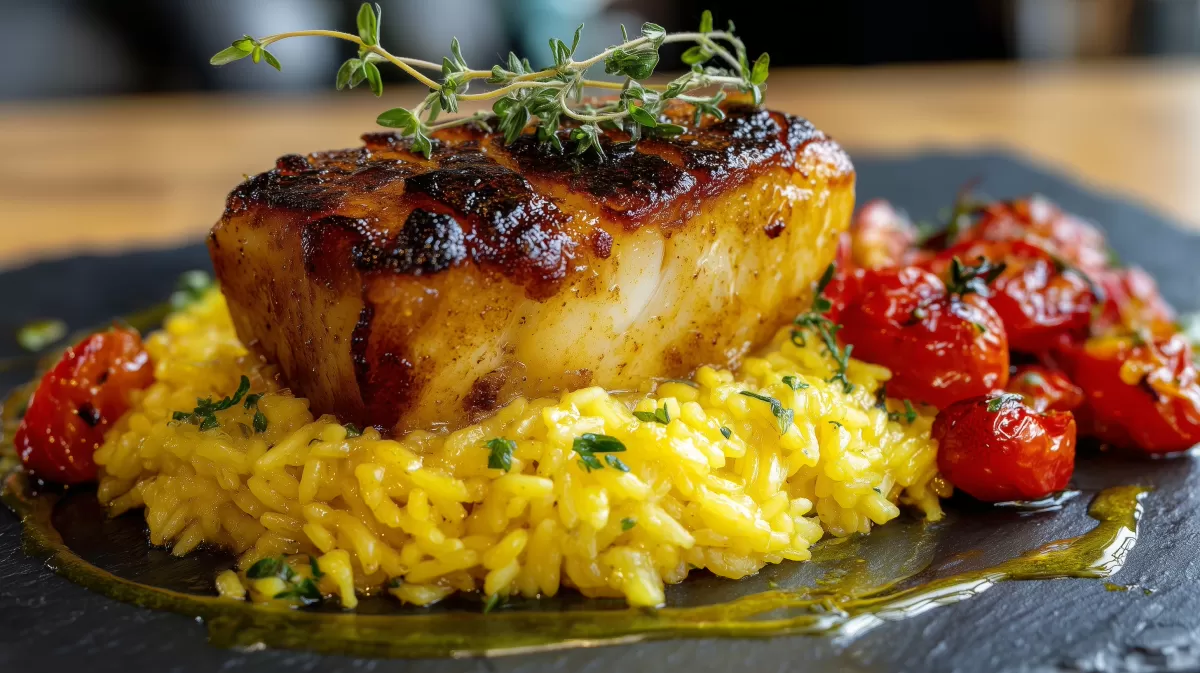 Gebratener Seeteufel auf duftendem Safranreis