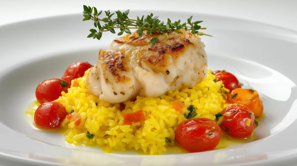 Gebratener Seeteufel mit Safranreis photoreal