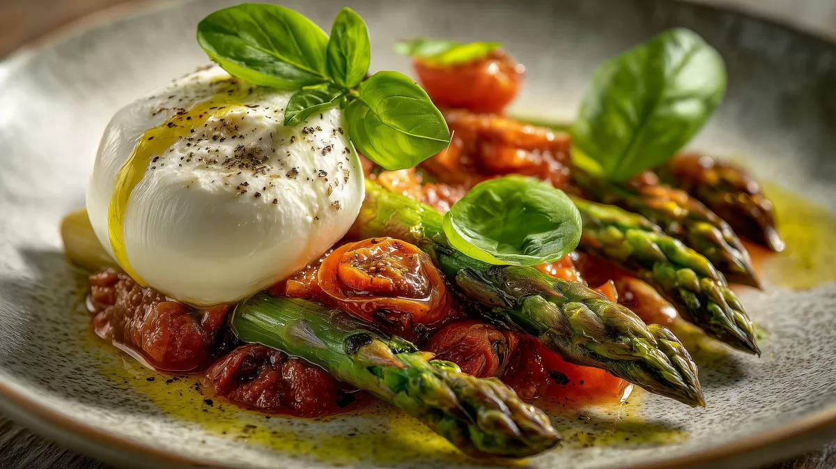 Gebratener Spargel mit Tomatenragout und Burrata