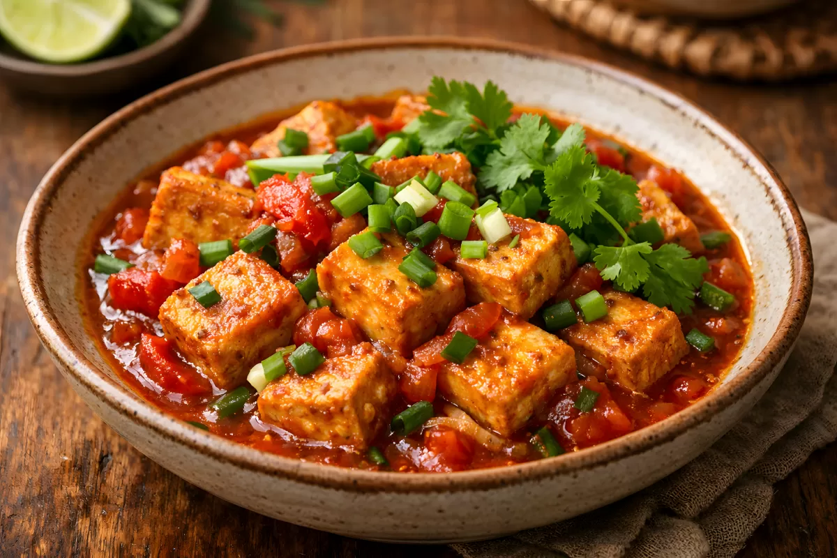 Gebratener Tofu in würziger Tomatensauce mit Kräutern