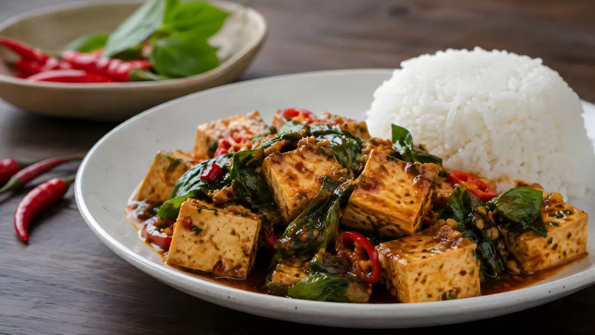 Gebratener Tofu mit Basilikum und Chili auf Reis