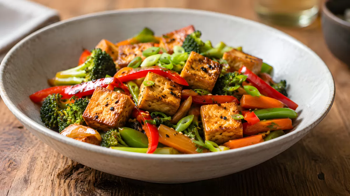 Gebratener Tofu mit buntem Gemüse in Schüssel