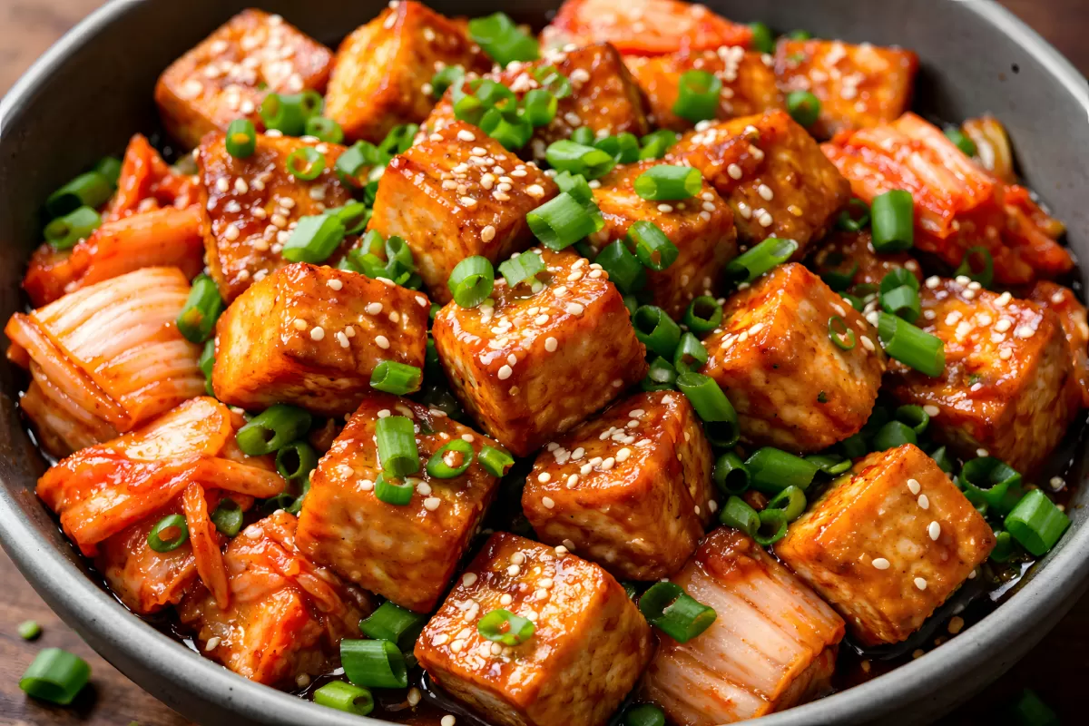 Gebratener Tofu mit Kimchi in würziger Soße