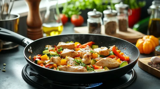 Gebratenes Hühnchen in Pfanne mit Gemüse