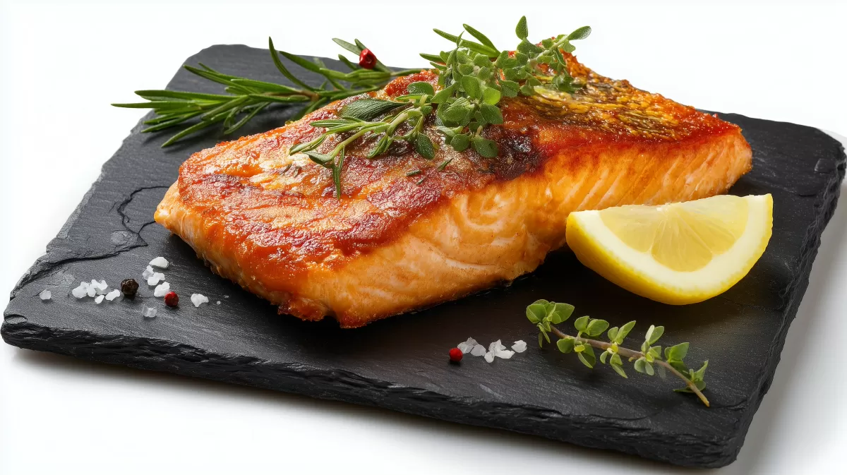 Gebratenes Lachsfilet auf Schieferplatte mit Kräutern
