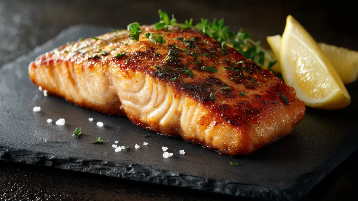 Gebratenes Lachsfilet auf Schieferplatte mit Zitrone