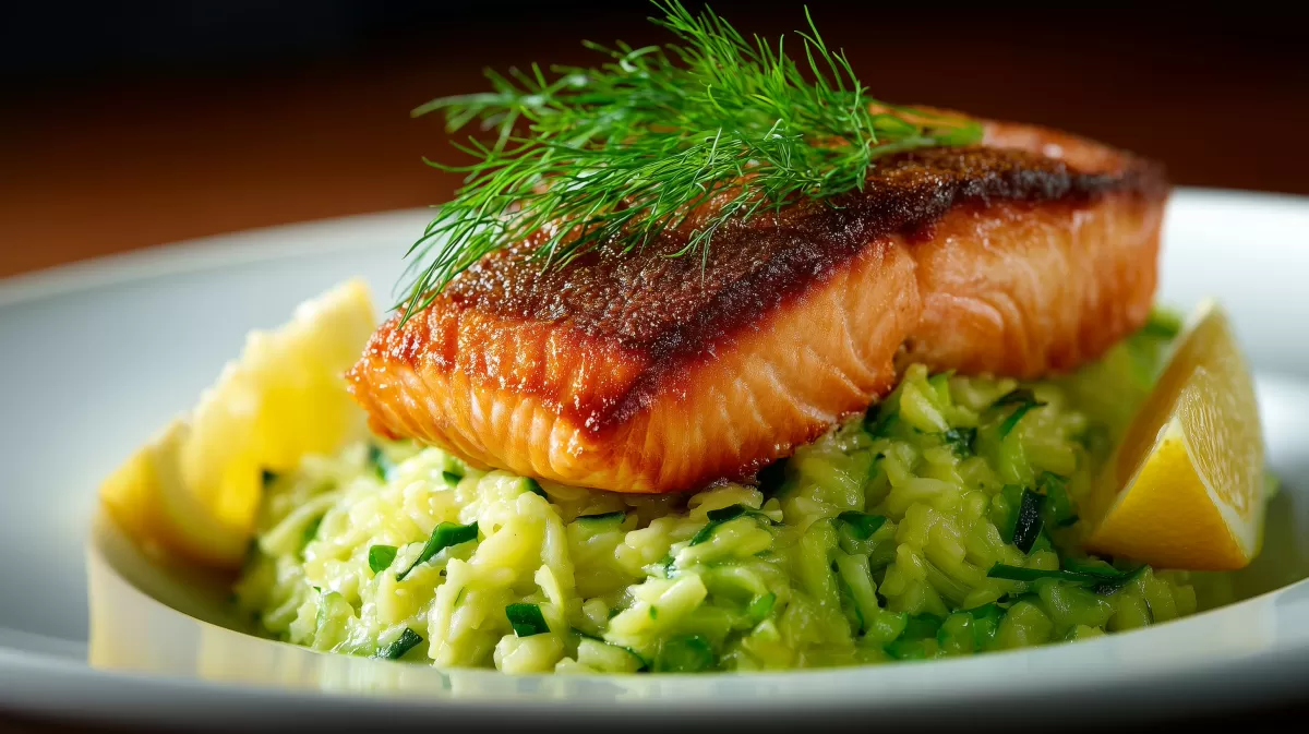Gebratenes Lachsfilet auf Zucchinireis mit Dill