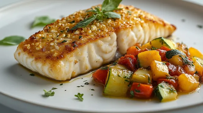 Gebratenes Lachsfilet mit mediterranem Gemüsebett