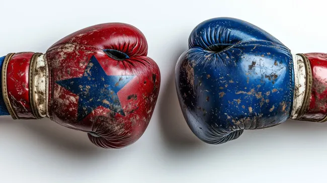 Gebrauchte, abgenutzte Boxhandschuhe in Rot und Blau