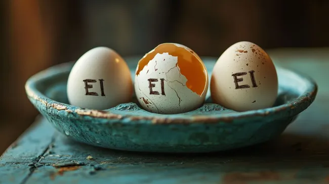 Gebrochene Eier mit Ei-Logo in rustikaler Schale