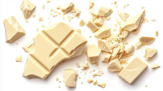 Gebrochene weiße Schokoladenstücke auf weißem Hintergrund