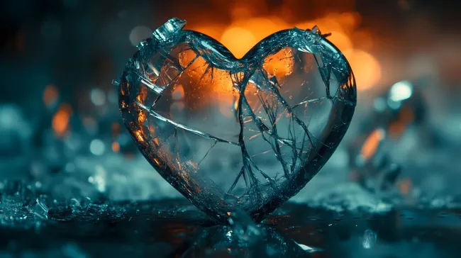 Gebrochenes Herz aus Glas in dramatischer Beleuchtung