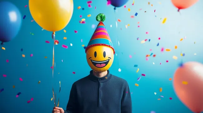 Geburtstagsfeier mit Luftballons und Smiley-Maske