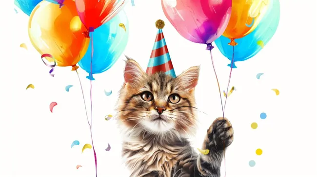 Geburtstagsfeiernde Katze in farbenfroher Umgebung