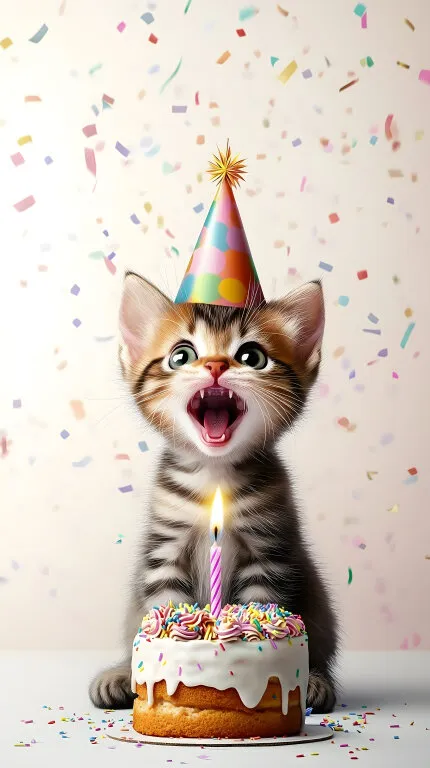Geburtstagsfeiernde Katze mit Partyhut und Torte vor Konfetti