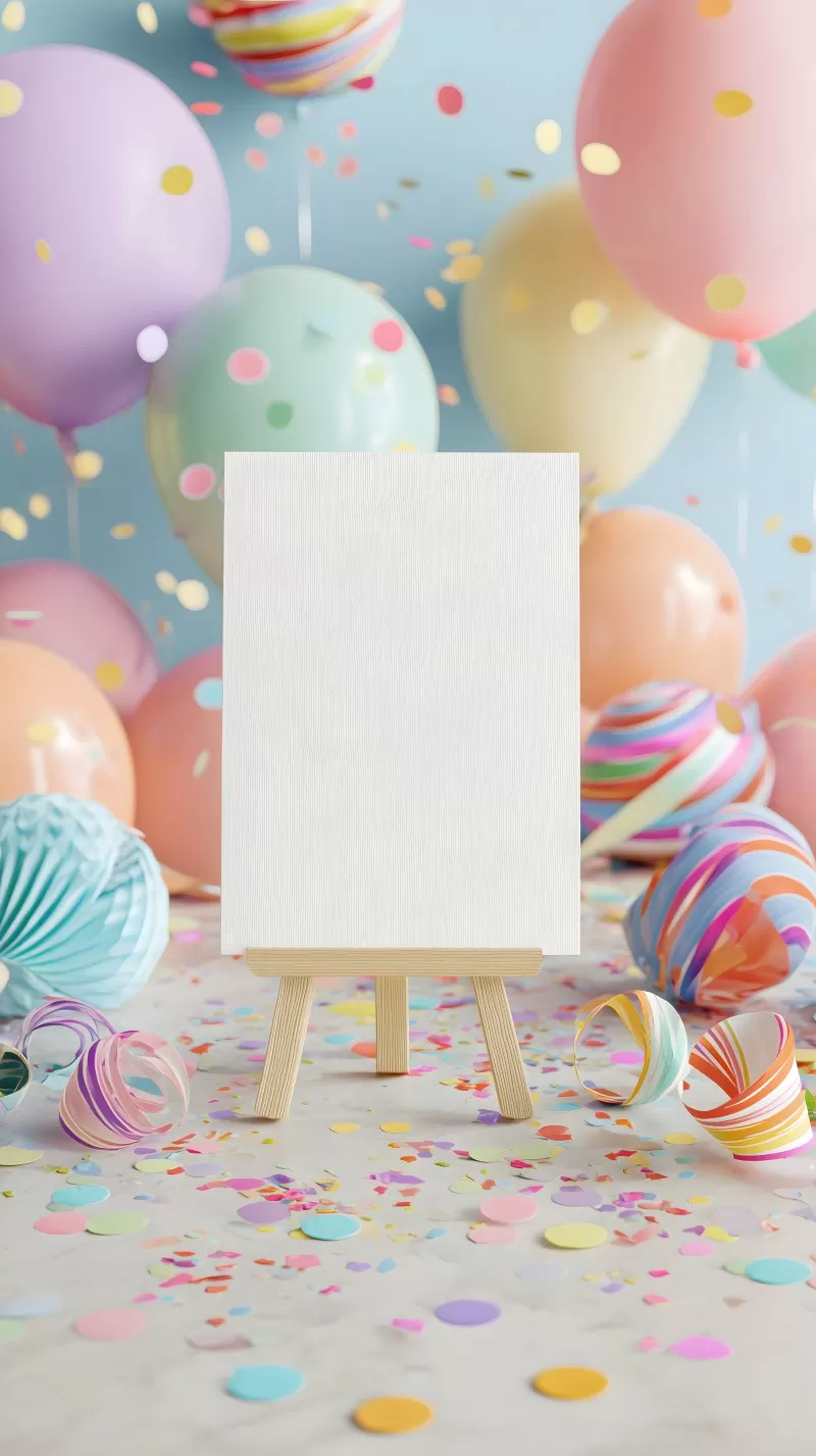 Geburtstagskarte auf Staffelei mit bunten Luftballons und Konfetti