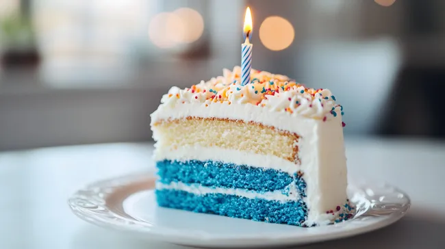 Geburtstagskuchen mit blauer Schicht und brennender Kerze