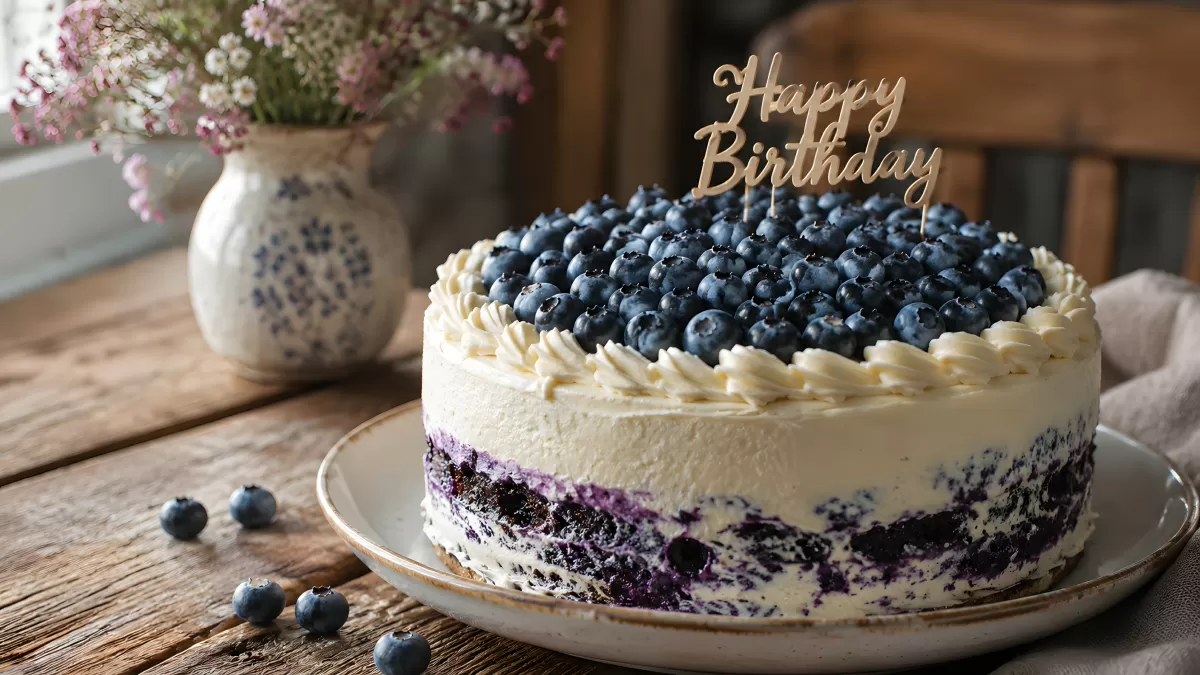 Geburtstagstorte mit Blaubeeren und Sahnehaube
