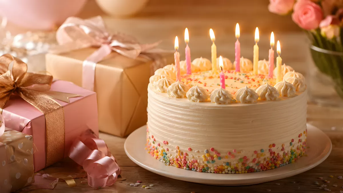 Geburtstagstorte mit Kerzen und Geschenken auf Holztisch