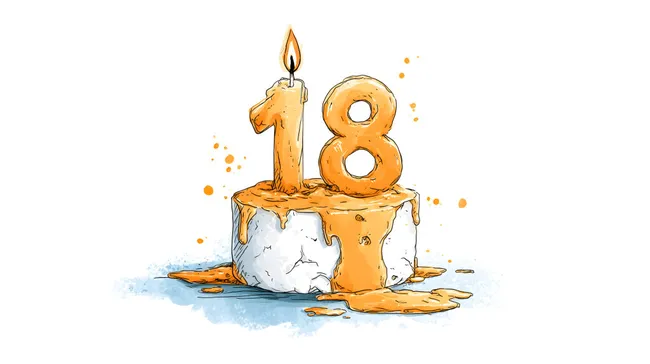 Geburtstagstorte mit Zahl 18 und brennender Kerze