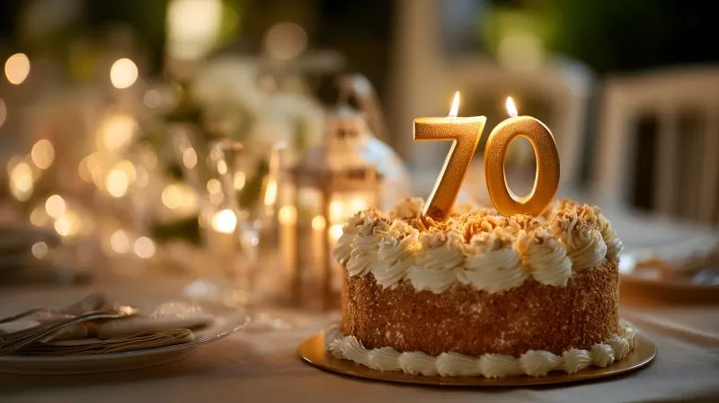 Geburtstagstorte mit Zahl 70 auf festlich gedecktem Tisch