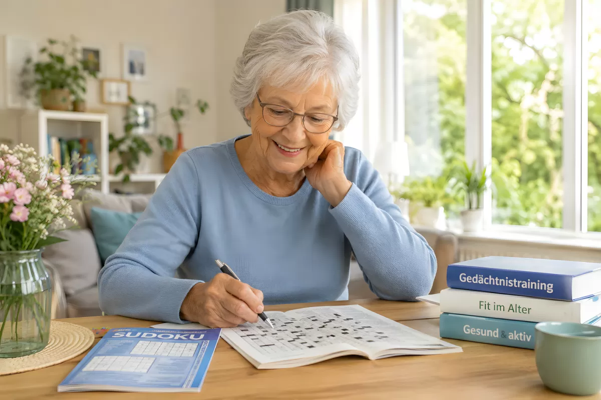 Gedächtnistraining: Seniorin löst Kreuzworträtsel und Sudoku zu Hause